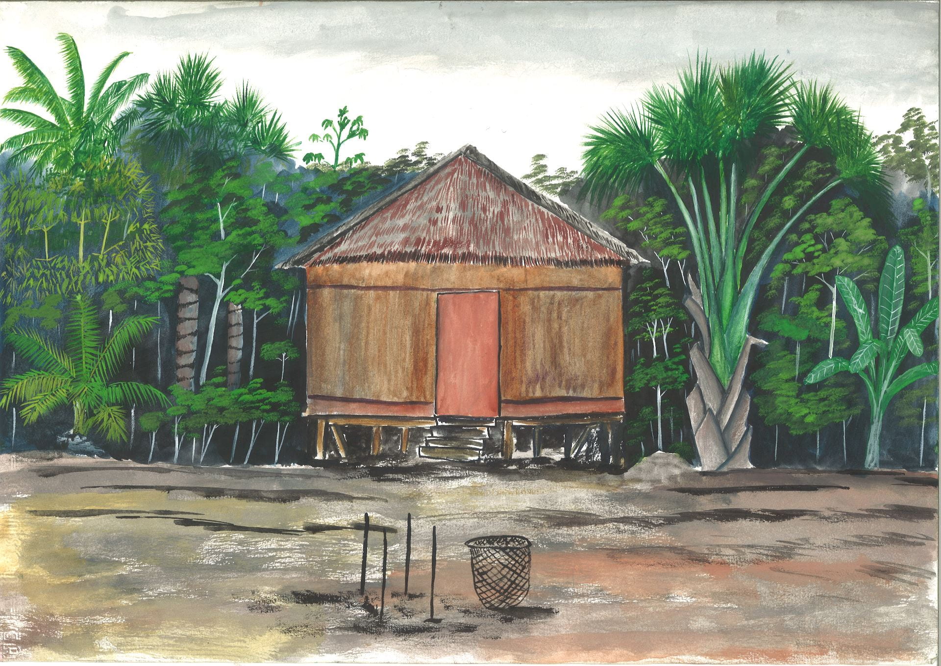 An illustration of a house built on a raised platform in the middle of the rainforest